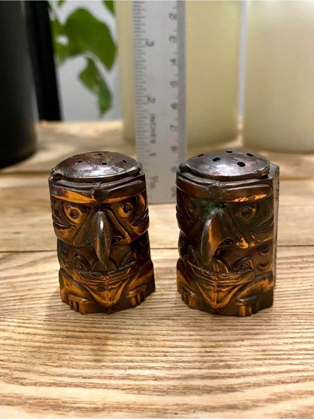 Vintage Totem Pole Owl Salt & Pepper Shakers Cast Metal Copper Bronze Style